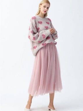 Chicwish Fuzzy Heart Knit Sweater Pink Contrast Oversized Coquette Pullover
